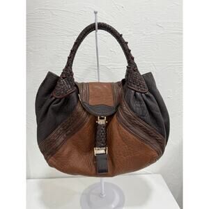 Fendi Pebbled Nappa Leather Crispe Tribal Spy Hand Bag Brown/Black